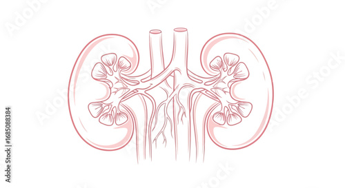 Vector illustration of an anatomical illustration of human kidneys with blood vessels and ureters