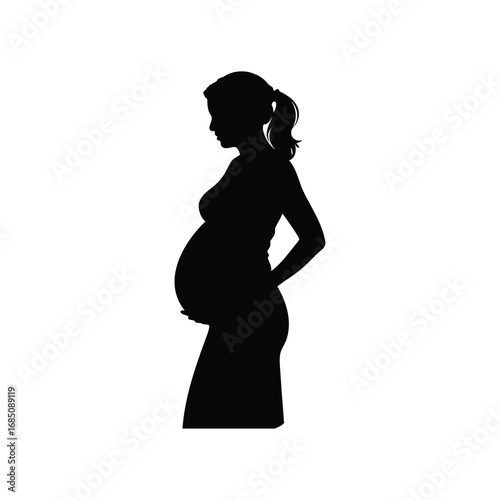 Silhouette of a pregnant woman in the late stages of pregnancy looking down, pregnant woman standing silhouette vector illustration
