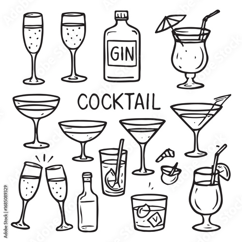 Alcohol cocktail bar doodle set, vector hand drawn beverages party vector