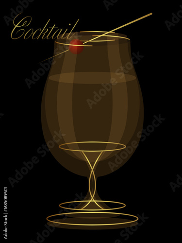 Stylish illustration of a cocktail glass with a cherry and gold accents, set against a black background, perfect for bar menus and cocktail promotions.