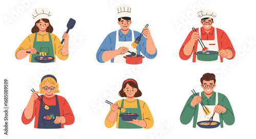 Diverse group of people cooking and preparing food, wearing chef hats and aprons for culinary demonstrations or online cooking tutorials