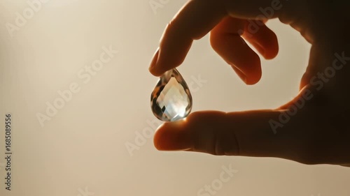 Hand gently holding a large faceted diamond representing value and preciousness against a warm background with copy space