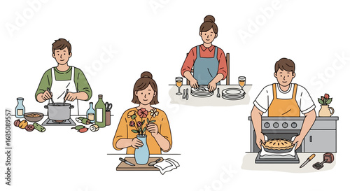 People engaged in domestic activities, including cooking, flower arranging, and baking, illustrating a lifestyle concept or a guide to home activities