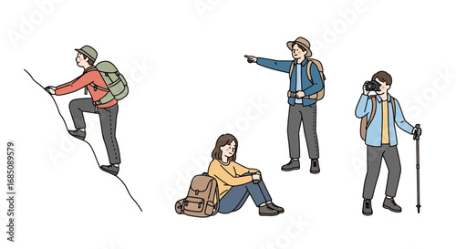 Diverse group of hikers engaging in outdoor adventures, showing climbing, pointing, photography, and resting for use in travel and tourism ads