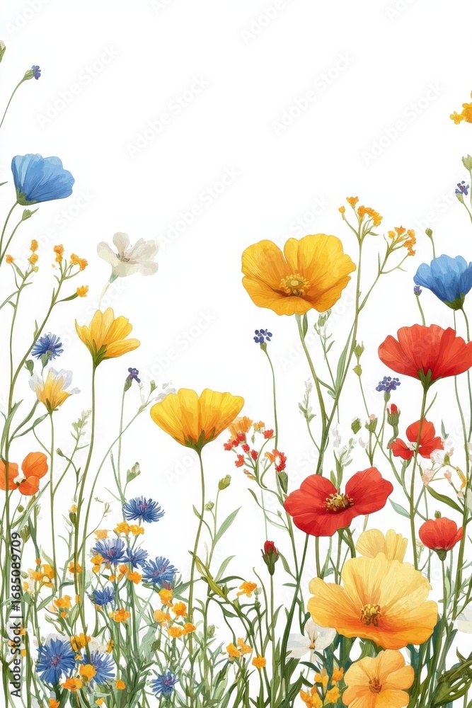 Fototapeta premium Vibrant colorful wildflowers forming a delicate border on a white background