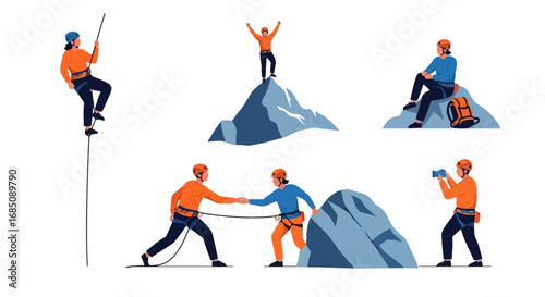 Climbing adventure vector illustration featuring teamwork, achievement, and outdoor recreation. Suitable for adventure sports marketing, team building concepts, or motivational designs.