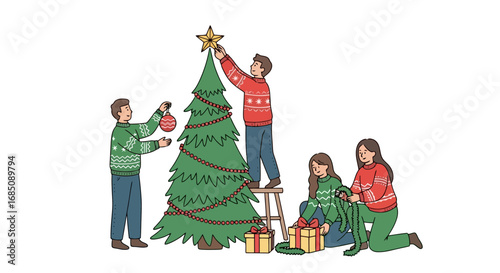 Family decorating a Christmas tree together in a cozy home setting, perfect for illustrating holiday traditions, family moments, and seasonal celebrations.