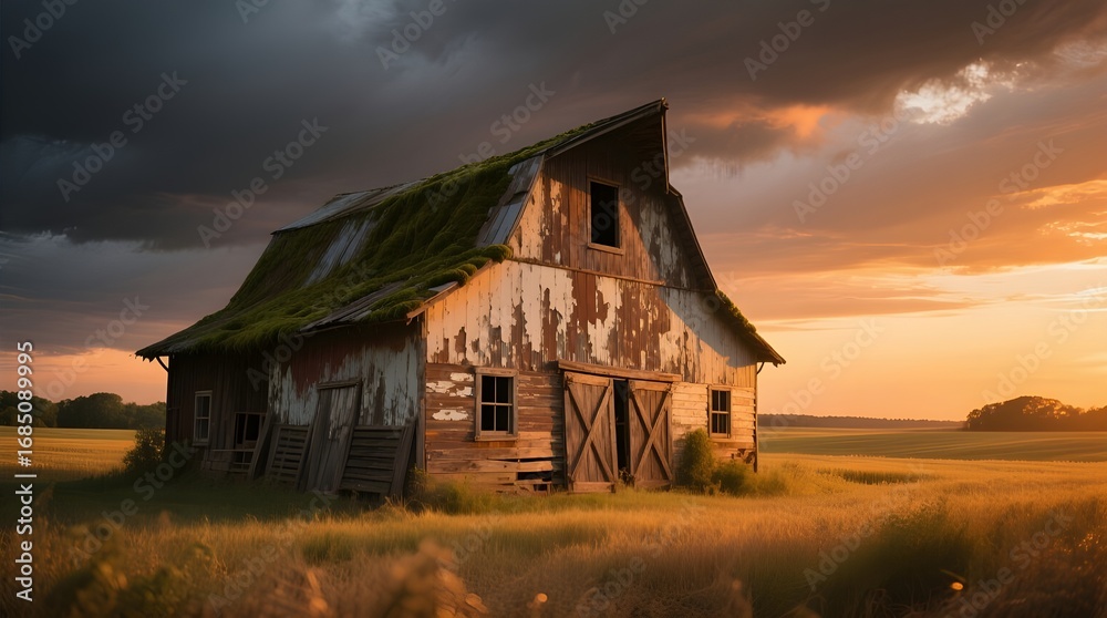 Obraz premium Rustic abandoned barn in a field at sunset with dramatic stormy clouds