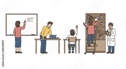 Diverse classroom engagement showcasing teacher interaction, student participation, and modern learning tools, suitable for educational resources, school materials, and online course illustrations.