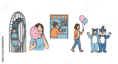 Vector illustration depicting various activities at an amusement park. Suitable for use in children's books, event promotions, or website design.