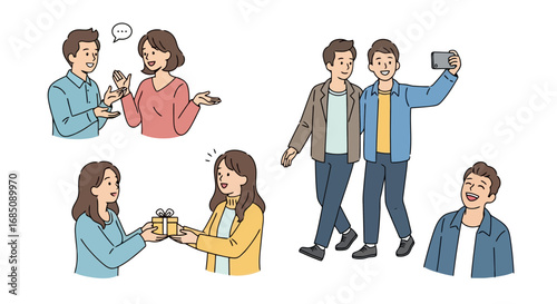 Diverse social interactions showcasing friendship, gift-giving, and capturing memories for use in social media content or illustrating interpersonal relationships