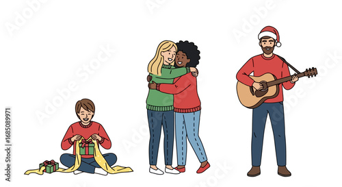 Diverse group enjoying a cozy Christmas celebration with gifts, warm embraces, and festive music for holiday promotions and seasonal marketing campaigns