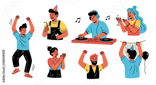 Diverse group of young adults joyfully celebrating at a vibrant party with music, dancing, and drinks. Ideal for illustrating social gatherings, event promotions, or youthful lifestyle.