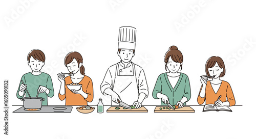 Illustration of people learning to cook in a cooking class or at home, suitable for use in educational materials, cookbooks, or food blogs.