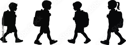 Silhouettes of four children walking with backpacks on a white background