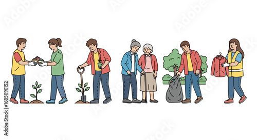 Diverse group of people volunteering in various community activities, promoting social responsibility and engagement in charitable initiatives for environmental conservation