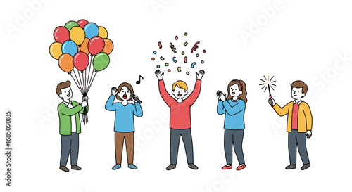 Cheerful celebration with happy people enjoying balloons, confetti, music, and sparklers for festive occasions and joyful moments or illustration