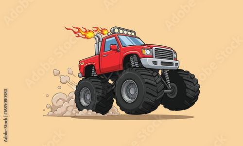 “Monster Torque” stylized red truck illustration—cartoon off-road vehicle with flames, smoke, and oversized tires for youth branding, motion graphics, and gamified UX