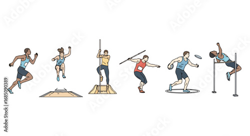 Diverse athletes competing in track and field events illustration. Suitable for sports promotion, educational materials, or athletic event branding.