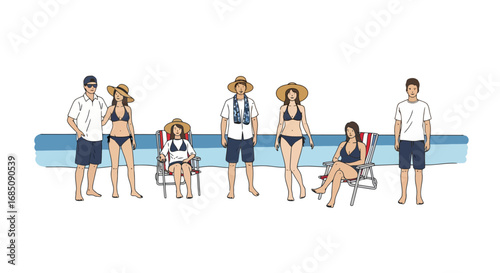 Group of people enjoying a summer vacation by the pool, wearing swimwear and hats, ideal for advertising travel packages and summer-themed products.