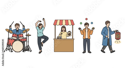 Vibrant street performers and vendors illustration showcasing cultural celebrations and community events, ideal for event promotion and advertising.