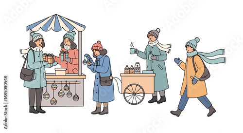 Festive winter market scene featuring people shopping and enjoying warm drinks, ideal for holiday promotions and seasonal event illustrations