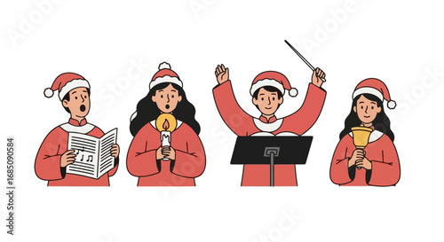 Festive Christmas choir illustration featuring singers, conductor, candle holder, and bell ringer dressed in santa hats and red robes for holiday celebrations and musical performances.