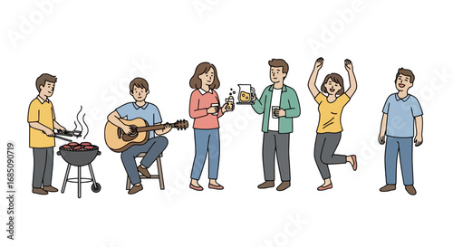 Group of People Enjoying a Summer Barbecue with Music and Drinks, Suitable for Illustrating Social Gatherings, Outdoor Activities, and Casual Events