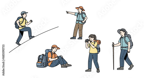 Diverse hikers in various poses illustrating outdoor adventure and travel, suitable for tourism websites, hiking guides, and recreational activity promotions.