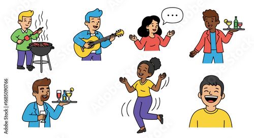 Diverse people enjoying a joyful party with music, food, drinks, and conversation. Suitable for illustrating social gatherings and celebrations.