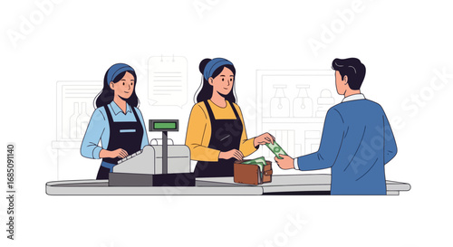 Checkout scene illustration depicting a customer paying with cash at a store counter with two employees. Suitable for financial literacy, small business operations, or retail concepts.