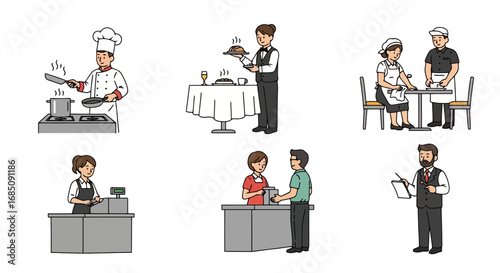Illustrated depictions of restaurant staff members engaged in various roles, showcasing the diverse personnel required for dining establishment operations and customer service.