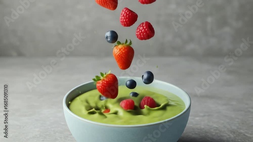 Fresh strawberries, raspberries, and blueberries falling into a green smoothie bowl creating a splash, representing healthy eating