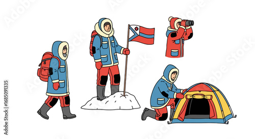 Illustrated arctic explorers in various poses, showcasing outdoor adventure and expedition equipment. Suitable for educational materials, infographics, or travel-related designs.