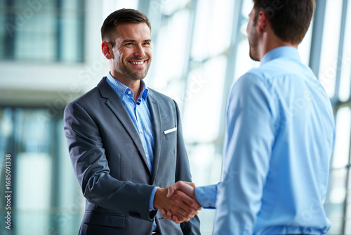 Happy young businessman welcoming a new colleague with a handshake