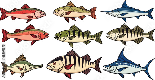 Stylized fish icon set—8 colorful marine illustrations with unique shapes and patterns for educational UX, ocean dashboards, and character-based storytelling