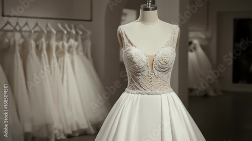 Stunning satin wedding gown with a beaded bodice on a mannequin in a luxury bridal salon