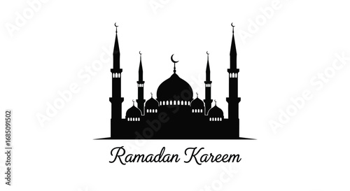 Vector illustration of silhouette of a mosque with minarets and dome, with text ramadan kareem below
