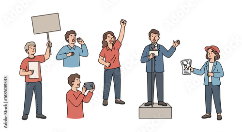 Illustration of a diverse group of people engaged in a demonstration, ideal for visualizing social activism, community engagement, or political movements.