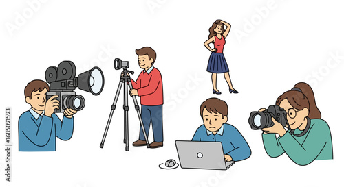 Diverse team of creatives engaged in photography, videography, and digital editing processes, perfect for illustrating creative professions and media production workflows.
