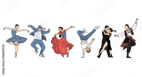 Diverse dance styles illustration showcasing cultural expression and movement, suitable for educational materials, event promotions, and artistic projects related to performing arts.