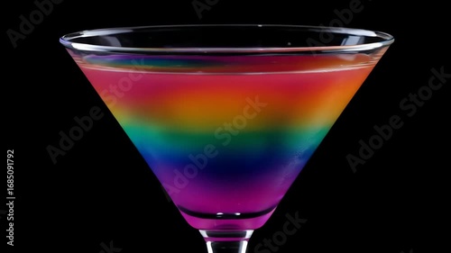 Colorful rainbow cocktail in a martini glass representing a party and celebration against a black background with copy space