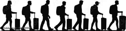 Silhouettes of travelers with luggage walking in a line