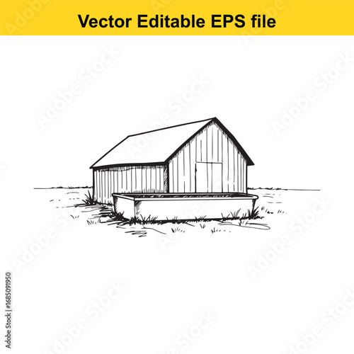 Sketch of a barn with a water trough in a field, isolated on white background