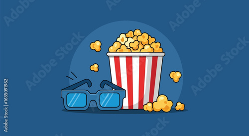 Vector illustration of bucket of popcorn and 3d glasses on a blue background, representing movie entertainment