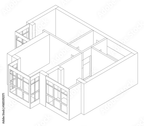 A 3D floor plan sketch of an apartment with clearly visible walls, windows, and doors. The kitchen is centrally located between the living room and dining area. Isometric view