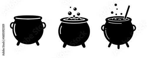 Halloween witch's cauldron vector illustration set. Black editable cauldron silhouette for Happy Halloween concepts