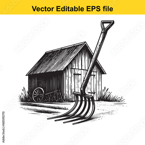Vintage pitchfork in front of a rustic wooden barn, farm illustration
