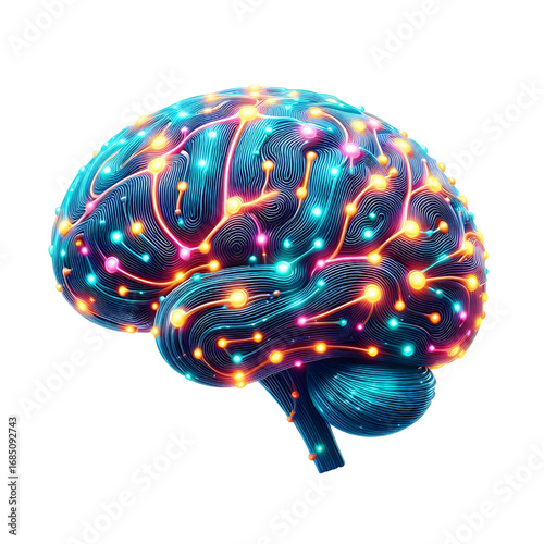 3D glowing brain model isolated white background.