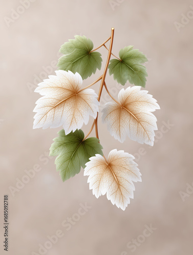 Branch with white and green leaves is shown. The white leaves are not as bright as the green ones, giving the branch a slightly faded appearance